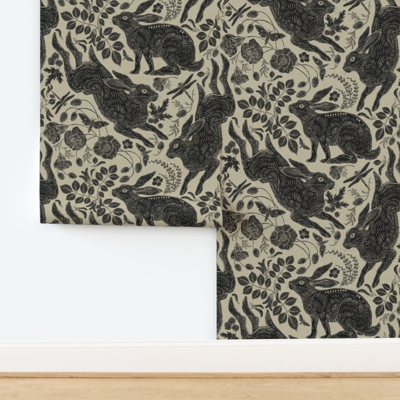 Block Print Bunnies Linocut Woodblock Hares Woodland Neutral Charcoal Gray Beige Background Botanical Leaves Foliage Forest Nursery Gender Custom Removable Wallpaper by Spoonflower Peel & Stick Wallpaper 2FT Wide